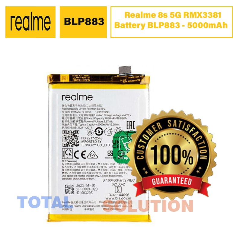 100%Original Realme 8s 5G Mobile Battery BLP883 - 5000mAh