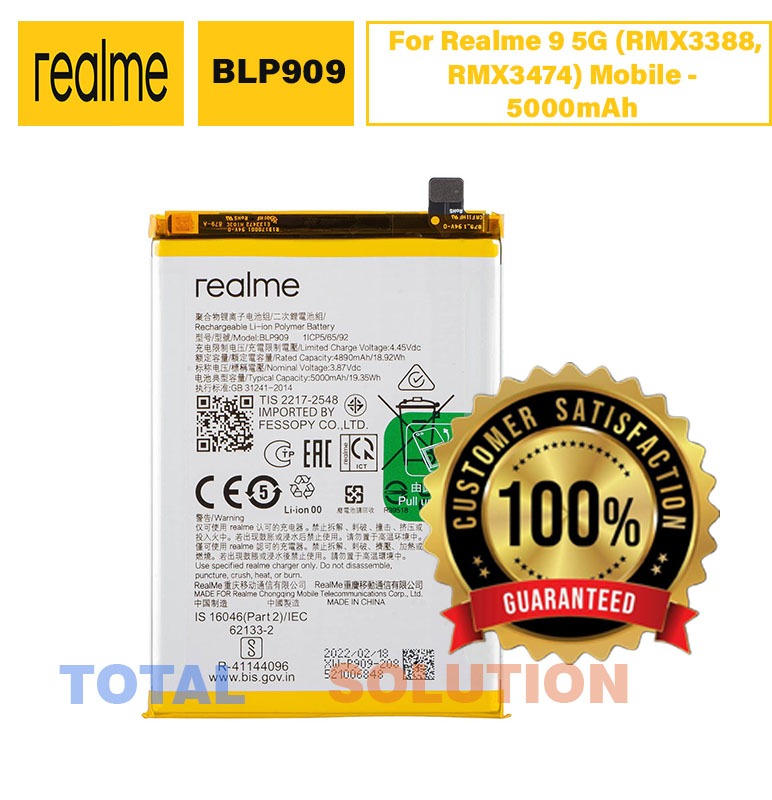 100% Original Brand New Realme 9 5G (RMX3388, RMX3474) Battery BLP909 - 5000mAh 6 months warranty